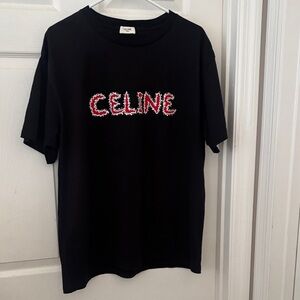 Celine Black Tee with Red Embroidered Logo